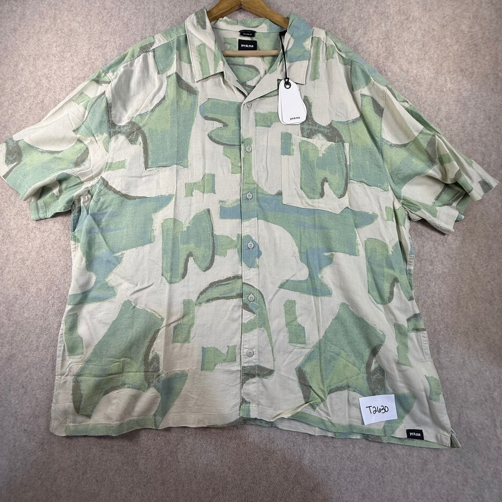 Prana Mens XL Short Sleeve Button Down Shirt Green Abstract Relaxed Fit NWT